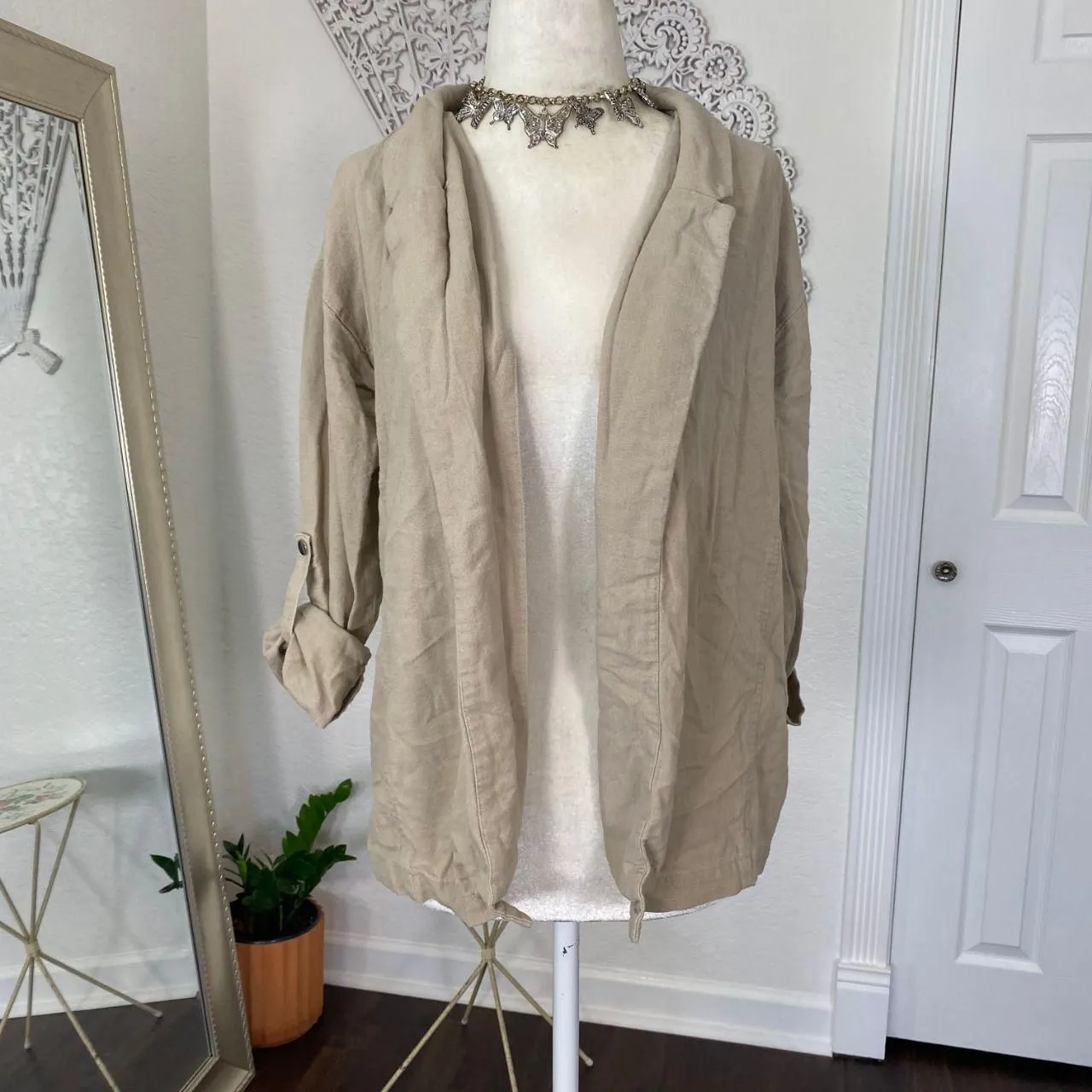 Active USA Early 2000's Open Front Cream Nude Linen Blazer Jacket S - Image 2