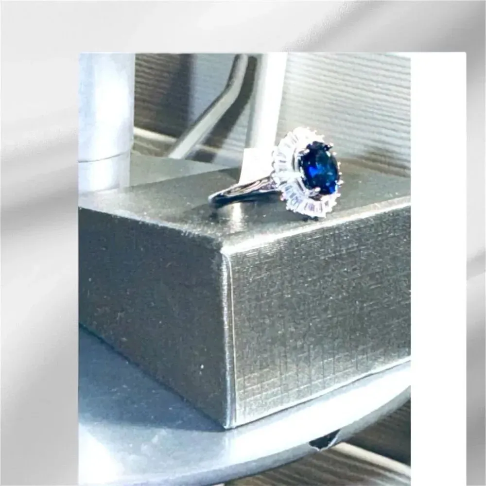 Sterling Silver Oval Created Sapphire Halo Ring Classic Elegant Style Size 7.5 Blue - Image 9
