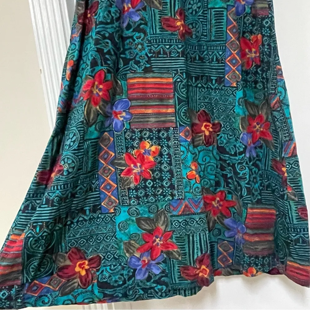 Women’s Vintage Hawaiian Maxi Dress size Medium Teal Floral Tribal Kaftan Casual Multiple - Image 10