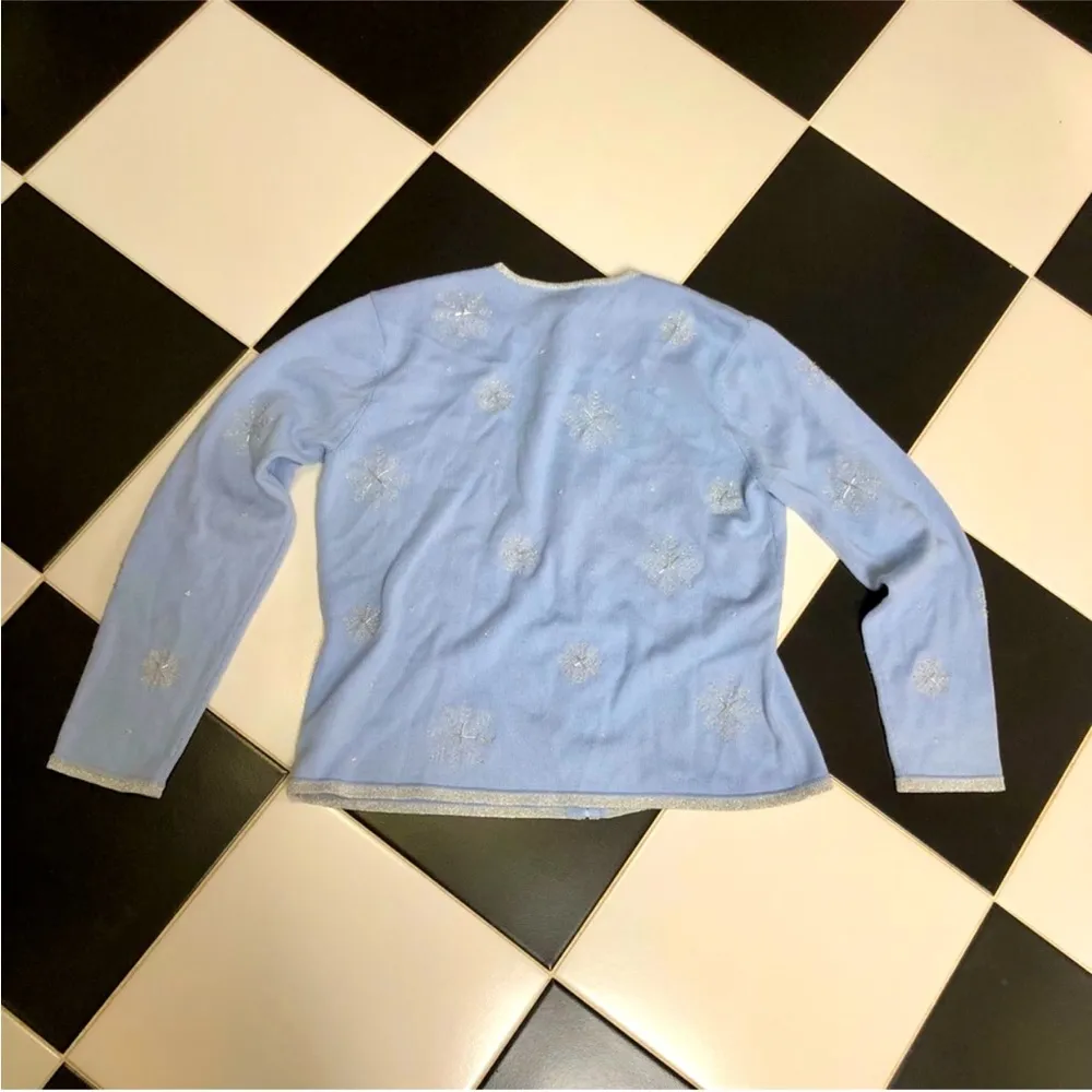 Vintage 90s Talbots Baby Blue Zip Up Sweater Jacket Silver Metallic Snowflake M - Image 6