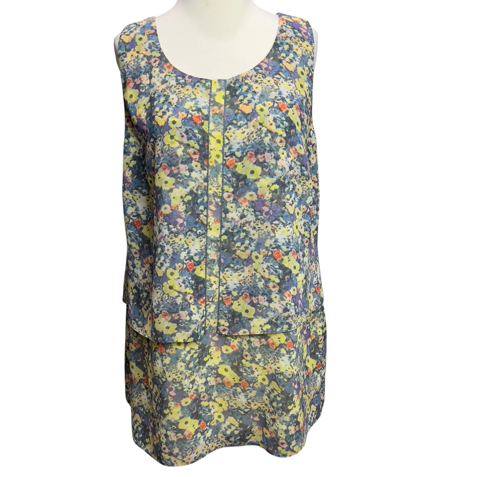 Cabi Positano Layered Tank Top Womens L Blue Yellow Floral Chiffon Feminine Boho - Image 2