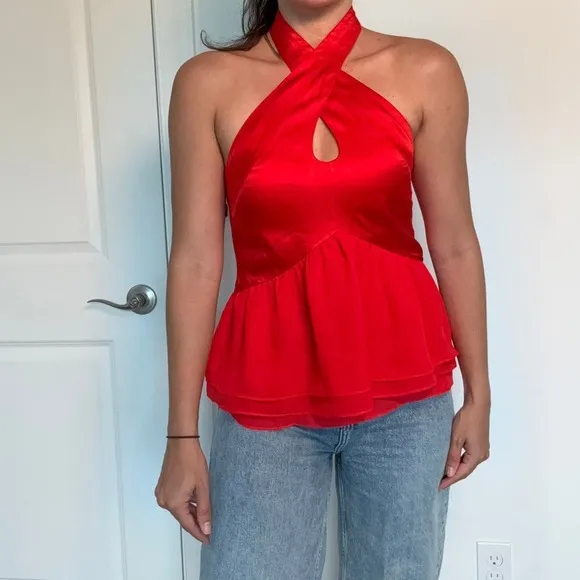 Vintage‎ Bebe Red Silk Halter Peplum Top (Size M) - Image 5