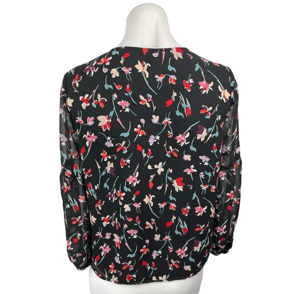 Madewell Drifting Flowers Black Floral Shirred Sleeve V-Neck Blouse Top Size XS - Image 6
