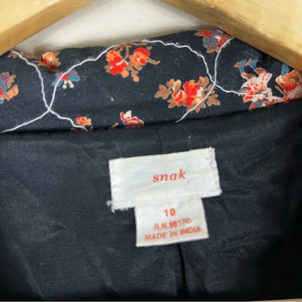 Snak Blazer Womens 10 Black Red Floral Quilted 100% Cotton Boho Indie Artisan - Image 5