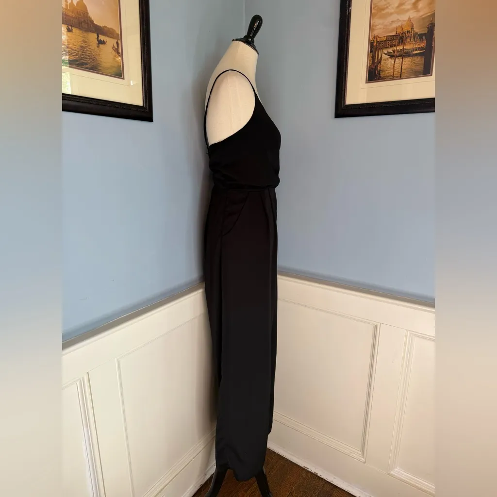 Elegant Black Faux Wrap Wide Leg Jumpsuit with Spaghetti Straps and Wide Leg XL - Image 3