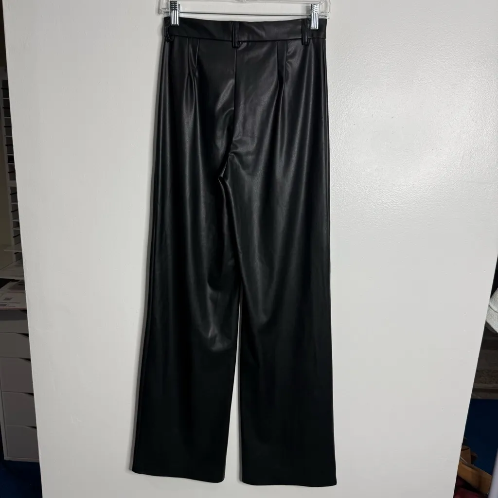 NWT‎ Zara Black Faux Leather Pants High Rise Full Length Wide Leg Size Small - Image 3