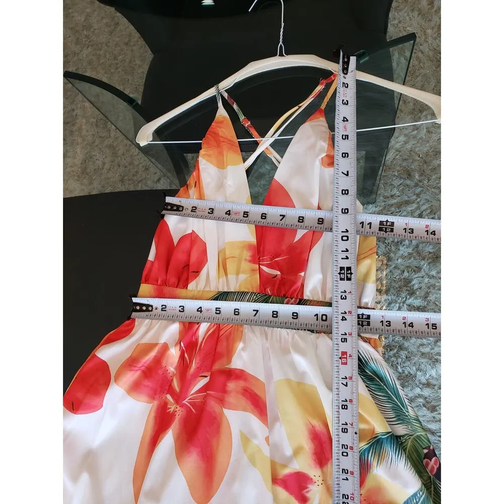 Long Maxi Dress Womens Small Multi Floral Print Back Zip Sleeveless Deep V Neck White - Image 8