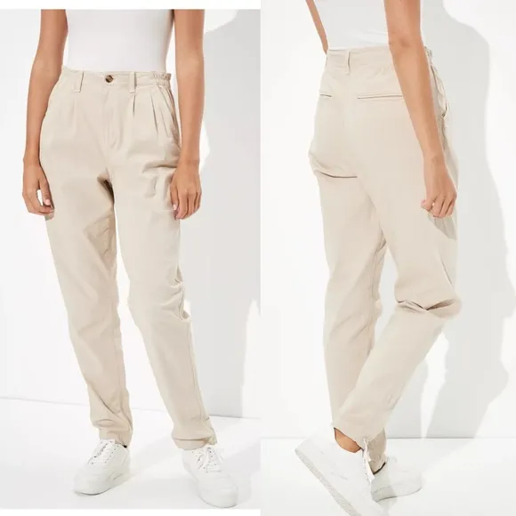 American Eagle AE  Stretch Mom Pant Khaki Tan High Rise Tapered 14 Long NEW *FLAW - Image 2