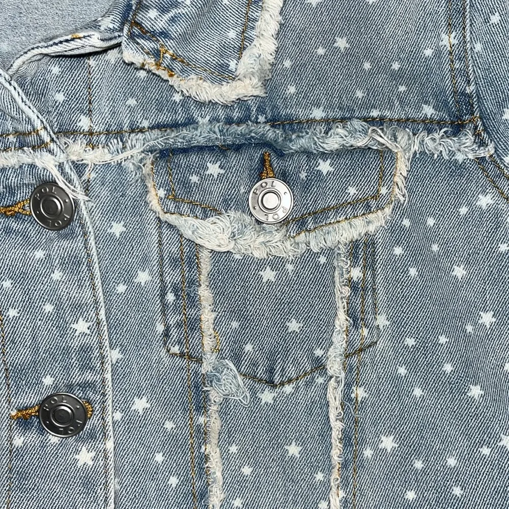 POL Size S Blue - White Star Print Distressed Frayed Denim Jean Jacket - Image 3
