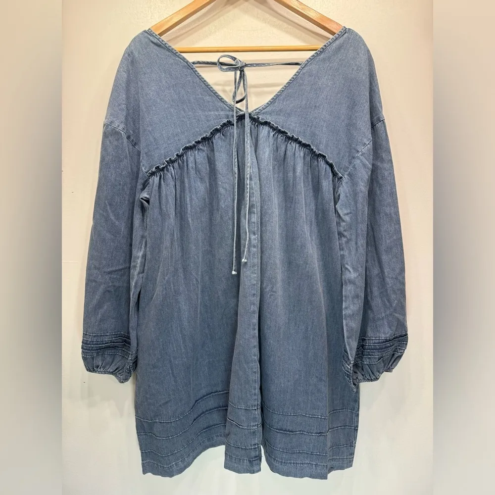 Denim Chambray Babydoll Swing Dress Mittoshop Long Sleeve Pleated Western Boho - Image 10