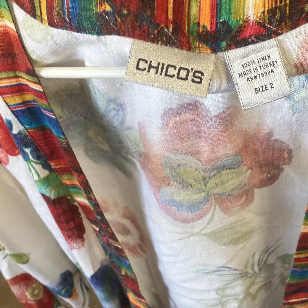 FINAL MARKDOWN Chico’s Colorful Floral Open tie front linen jacket 2 large - Image 4