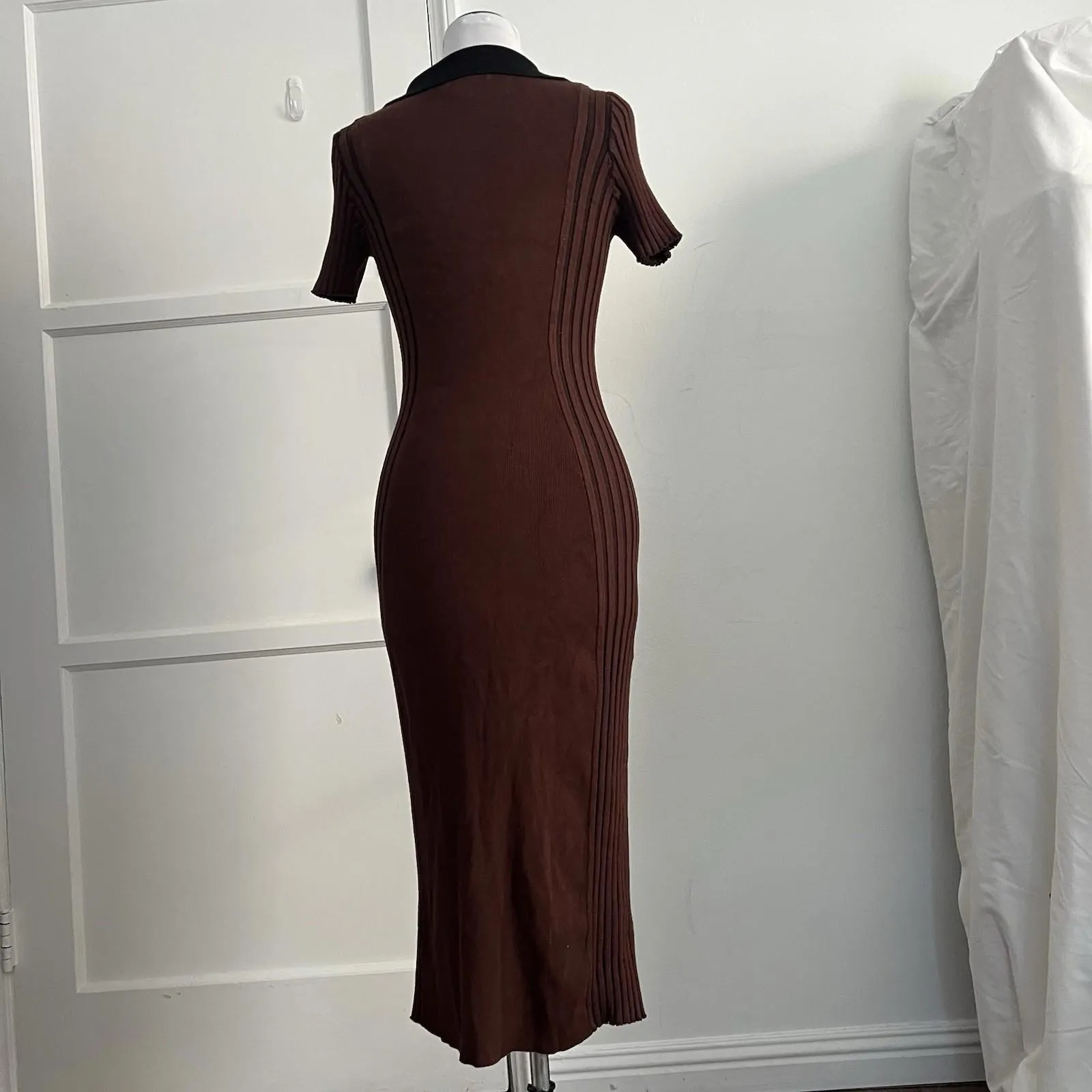 House of Harlow 1960 Ribbed Knit Polo Maxi Dress Brown Short Sleeve S - Image 2