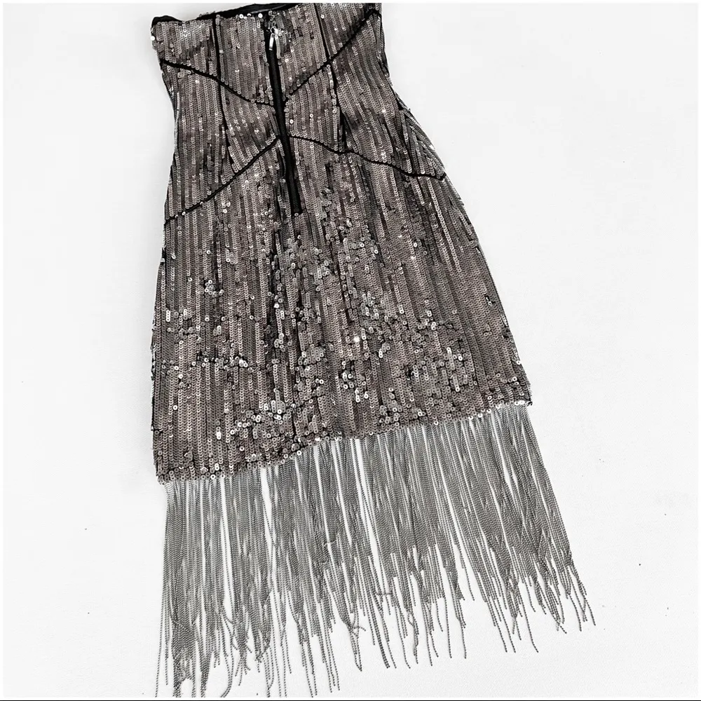 Bebe Sequin Chain Fringe Hem Strapless Cocktail Dress - Image 9