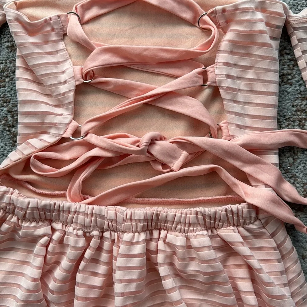 Lucy In The Sky Off Shoulder Long Sleeve Lace Up Romper Pink Small - Image 3