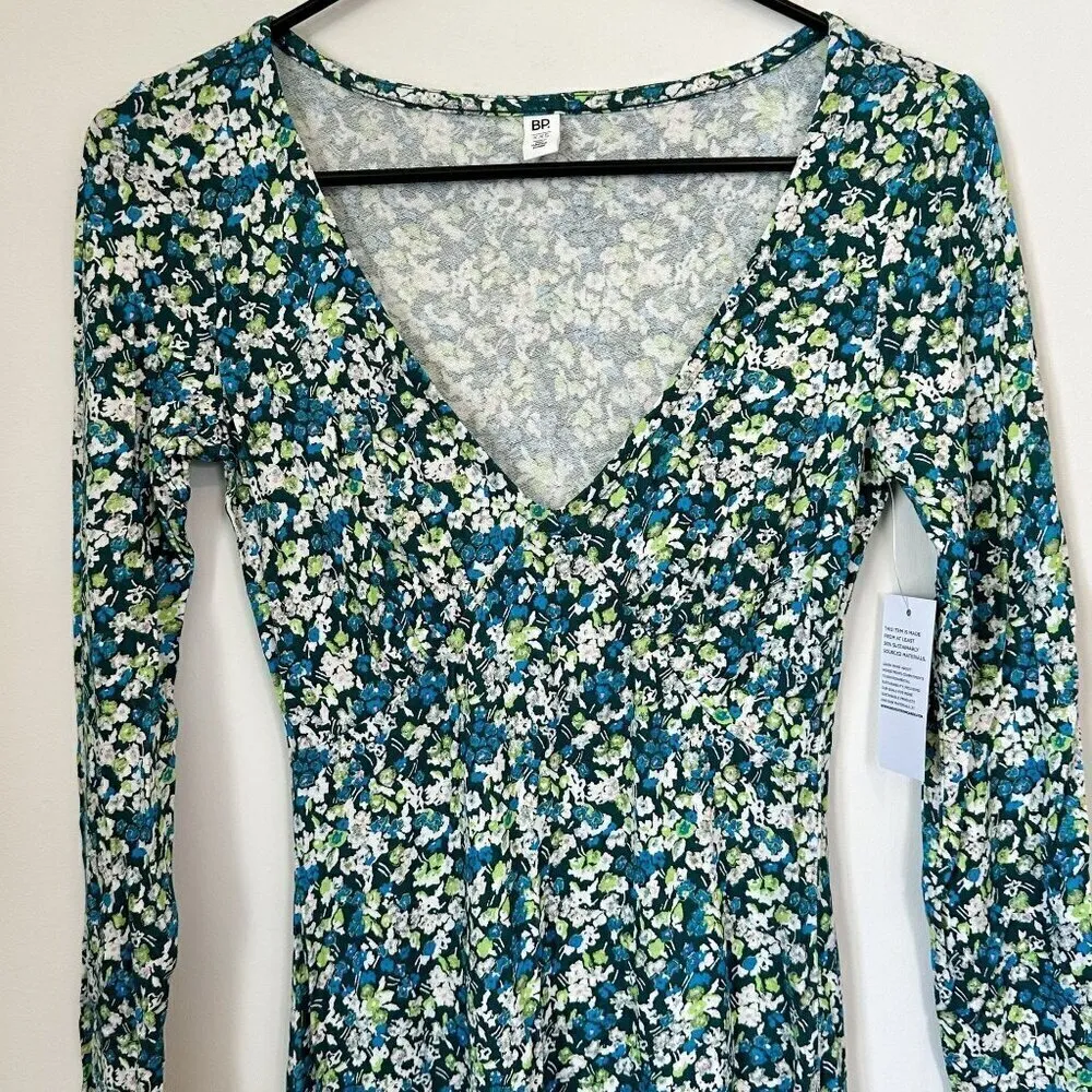 NWT bp Green Floral Knit Long Sleeve V-Neck Sustainable Dress - Size: XXS - Image 3