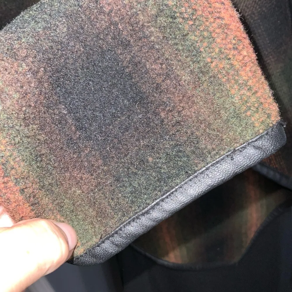 BB Dakota Brown & Orange Wool Blend Faux Leather Trim Open Front Cardigan Small - Image 6