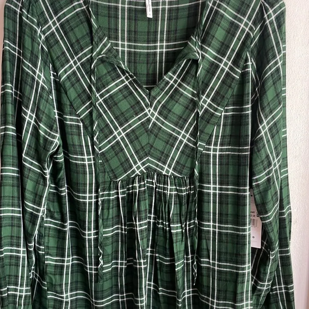 Three Dots Mason Plaid Long Sleeve Blouse Dark Green - Image 11