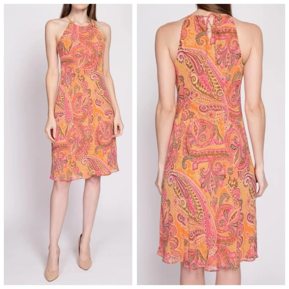 VTG Ann Taylor Silk Pink & Orange Paisley Print Slip Dress, Midi Length sz. 8P - Image 4