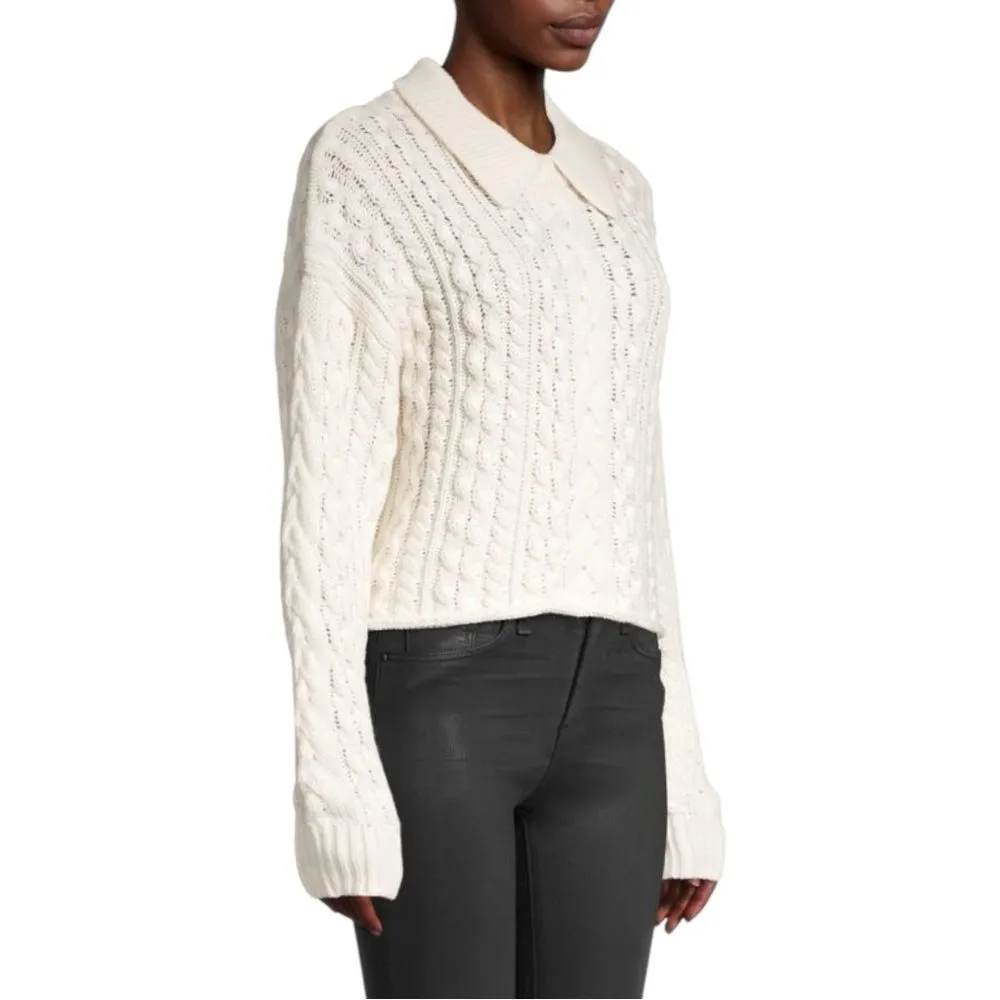 525 America Cable-Knit Polo Cropped Relaxed Sweater in Ivory Chalk Size Large - Image 9