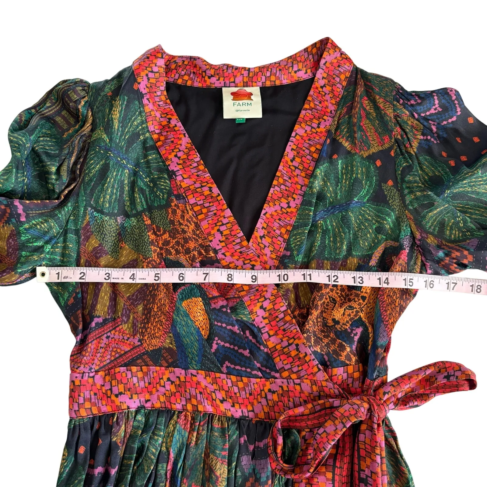 Farm Rio Forest Tapestry Floral Wrap Belted Mini Dress Green & Red Combo Size XS - Image 5