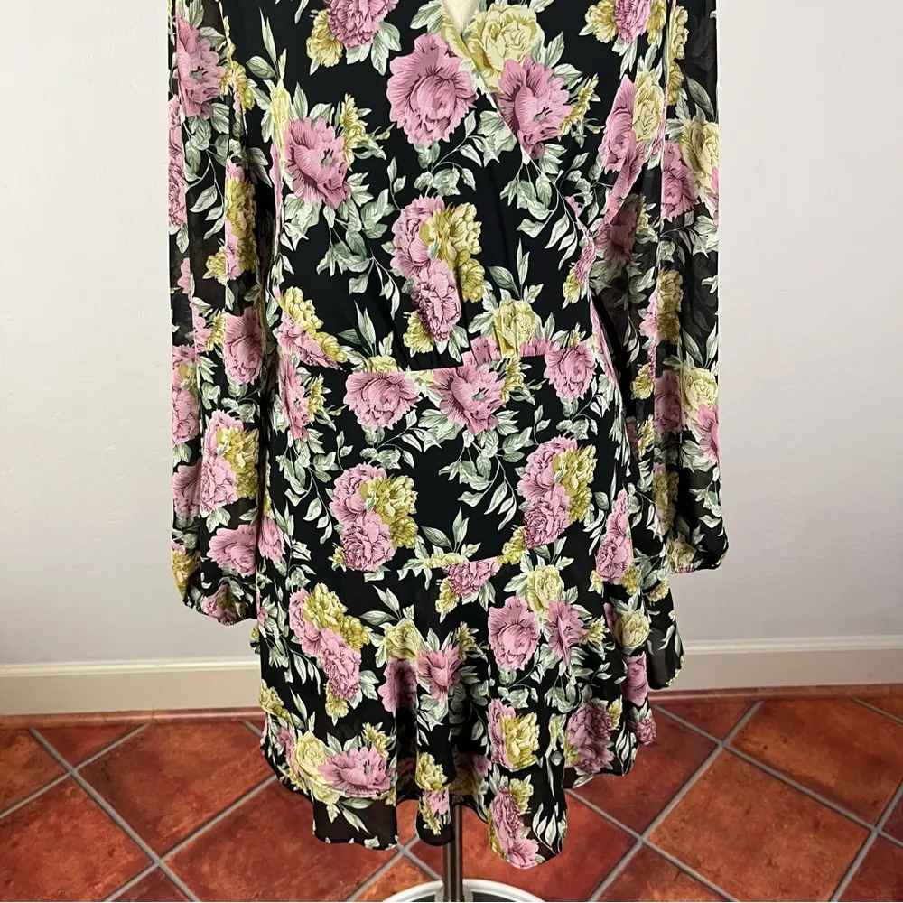 Showpo Jaspha Sheer Detail Ruffle Skirt V Neck Mini Dress In Black Floral Pink Size 16 - Image 5