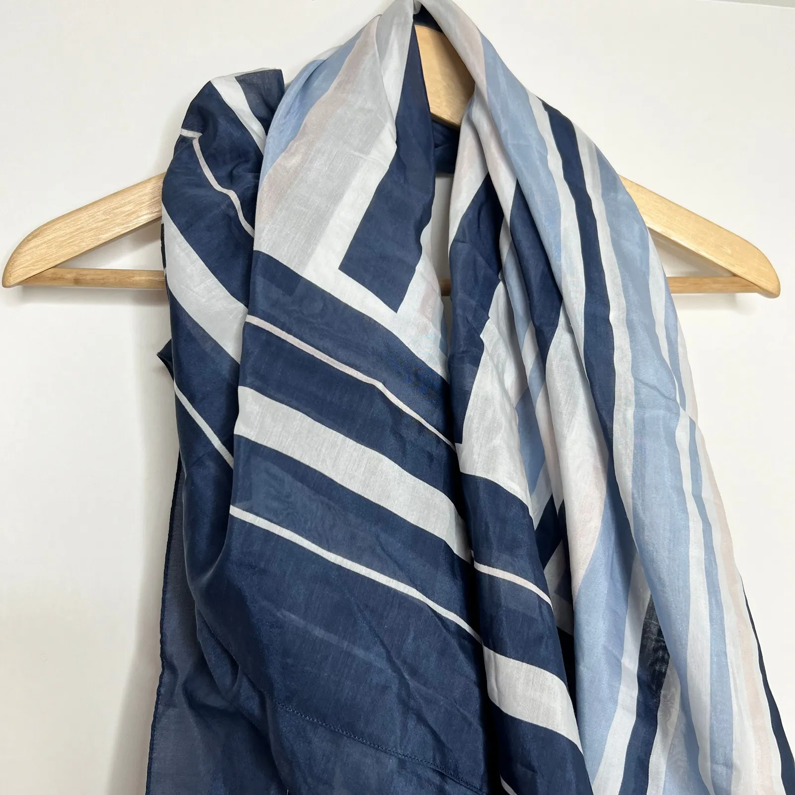 Cuyana Large Navy Blue Light Blue Pink Grey Striped Cotton/Silk Scarf Italy - Image 2