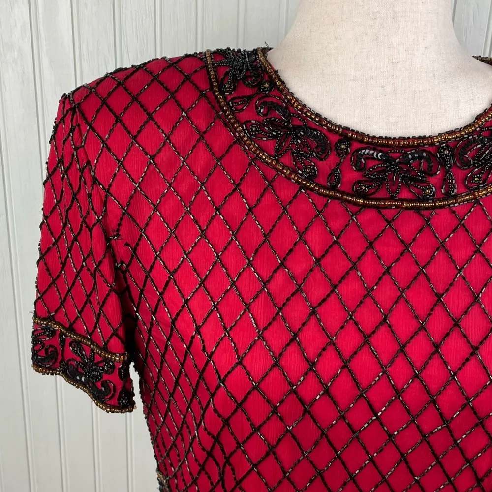 Vintage 80s Papell Boutique Evening Red Silk Beaded Top Women's Size Large - Image 4