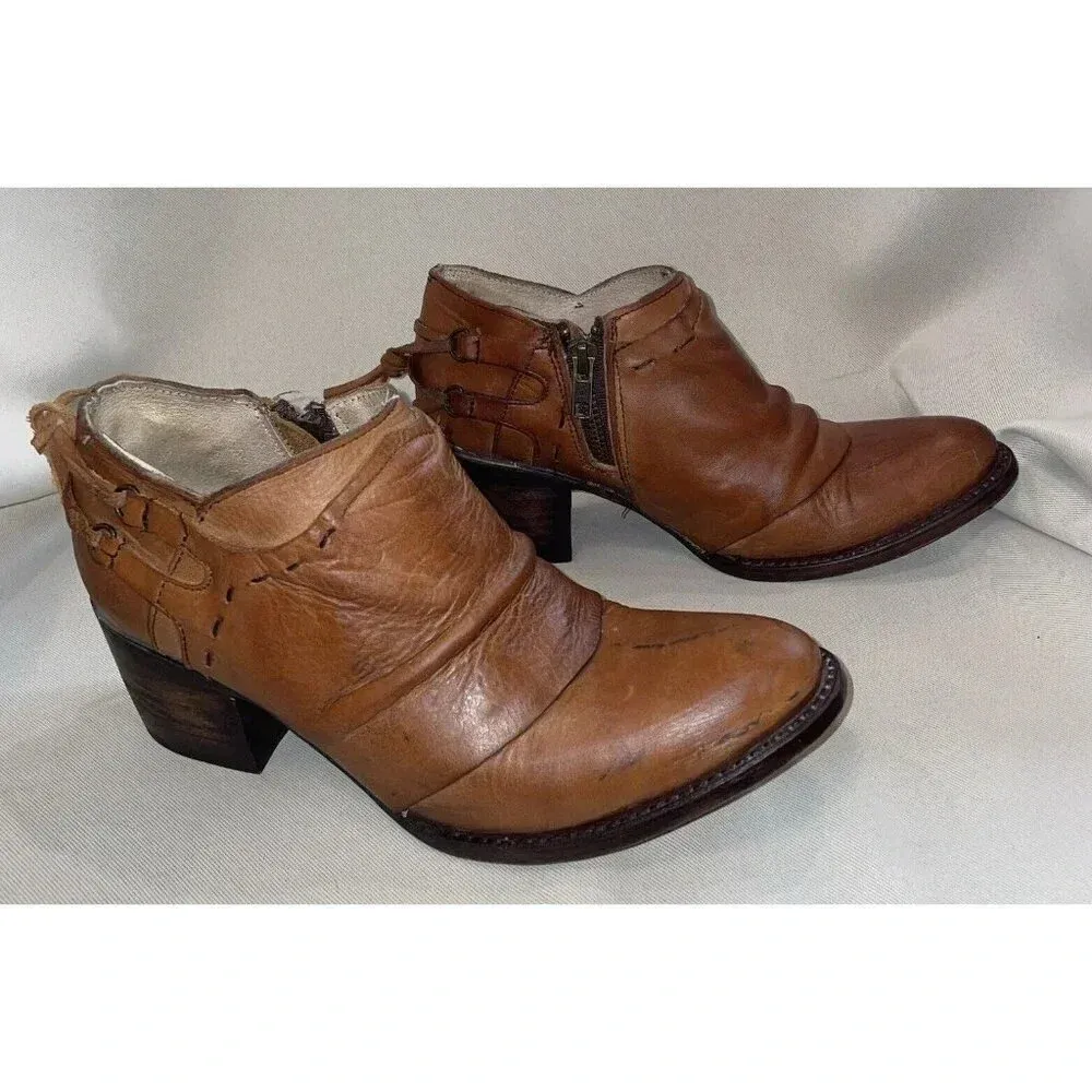 Freebird Sandi Size 6 Brown Leather Distressed Strappy Zip Heel‎ Bootie Western - Image 2