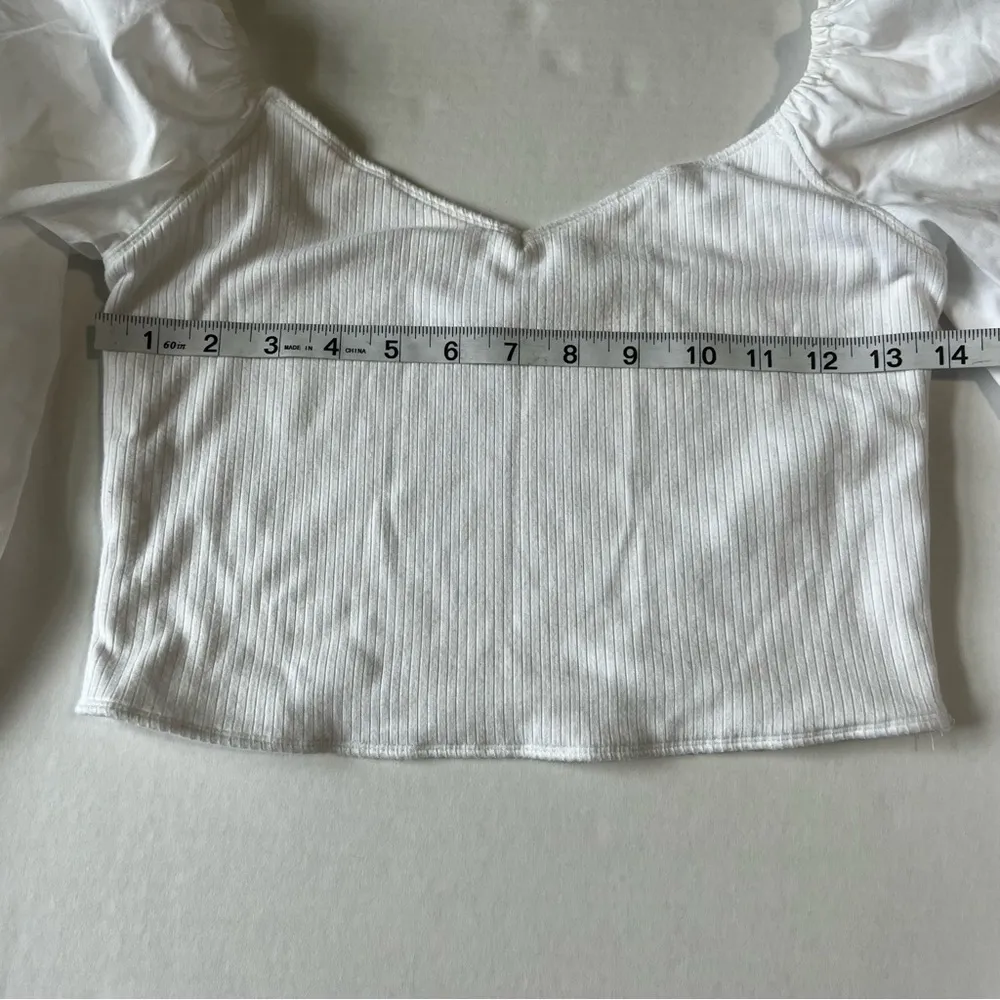 Abercrombie & fitch mixed media poplin puff long sleeve ribbed body crop top - Image 9