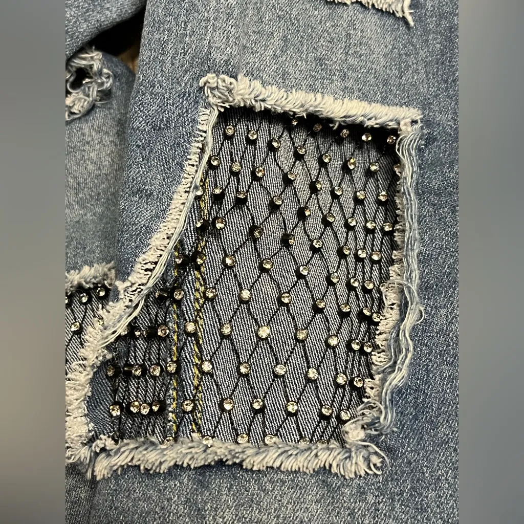 Venus Blue Denim Jeans Rhinestone Fishnet Distressed - Image 10