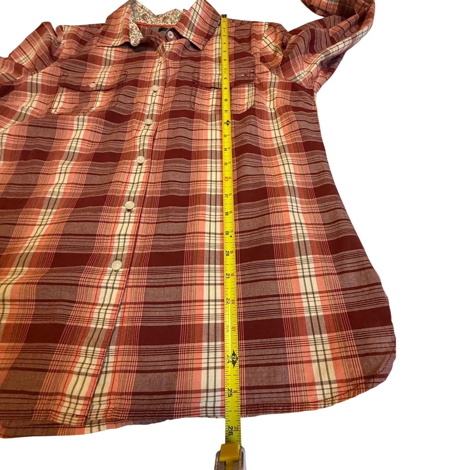 Tommy Hilfiger Womens Plaid Long Sleeve Button Up Shirt Top Red Floral Collar L - Image 8