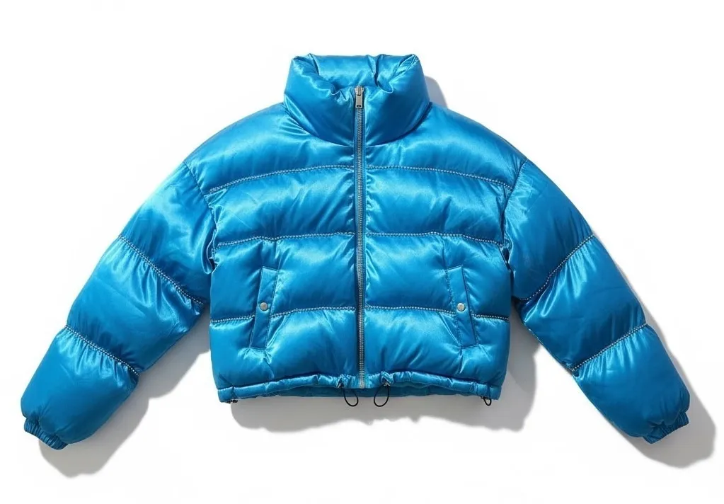 POSTER GIRL Blue Satin Rhinestone Cropped Puffer Jacket XS - Image 1