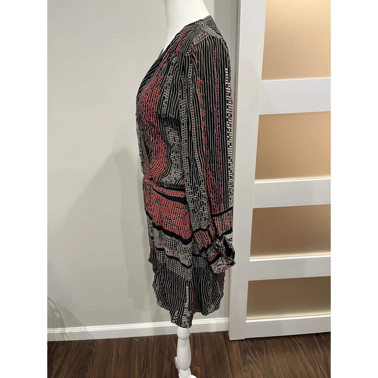 Parker Silk Wrap Dress Black Red Geometric Stripe Print Long Sleeve Size Small - Image 2