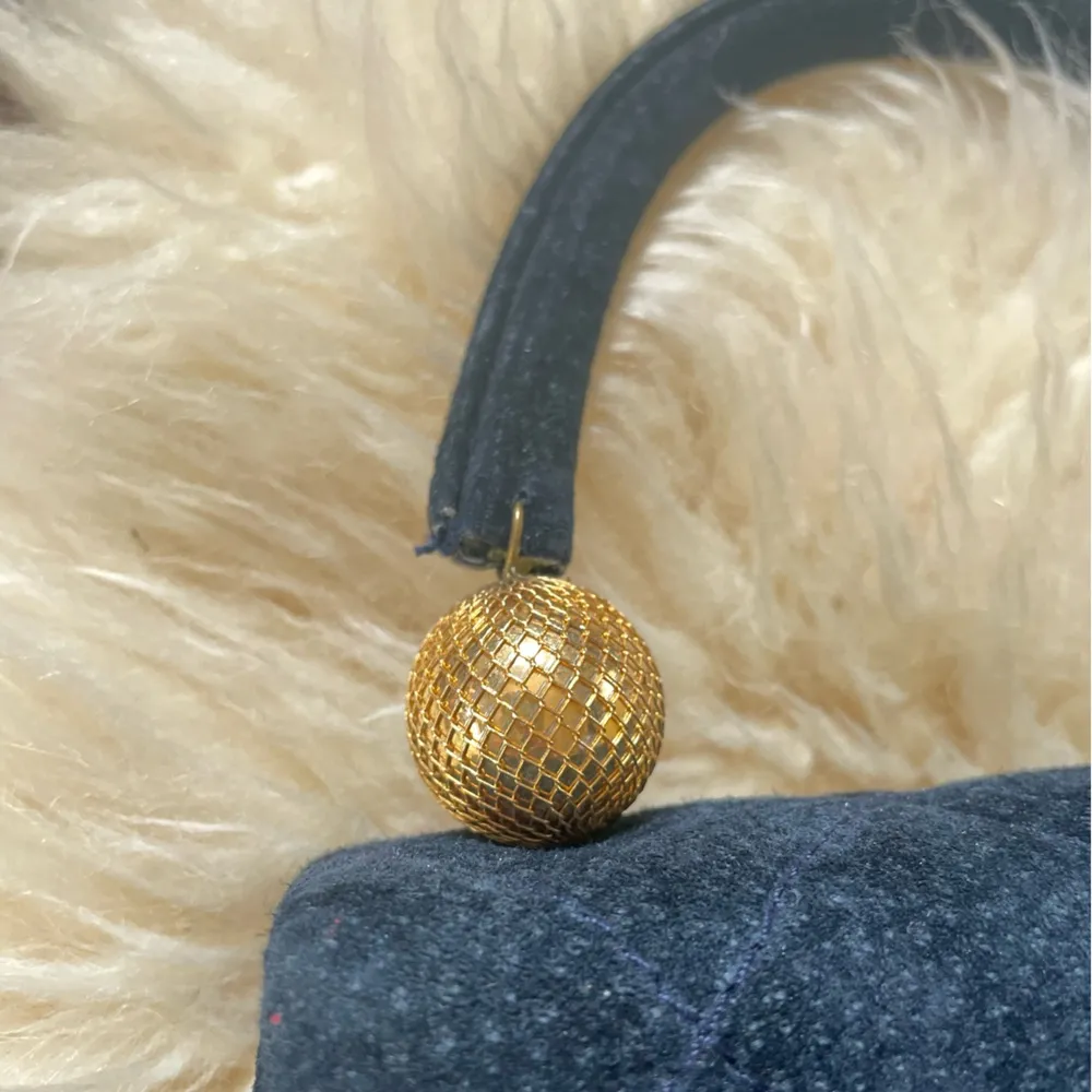 1970s glam suede diamond quilted handbag by Carlo Fellini navy leather and gold - Image 3