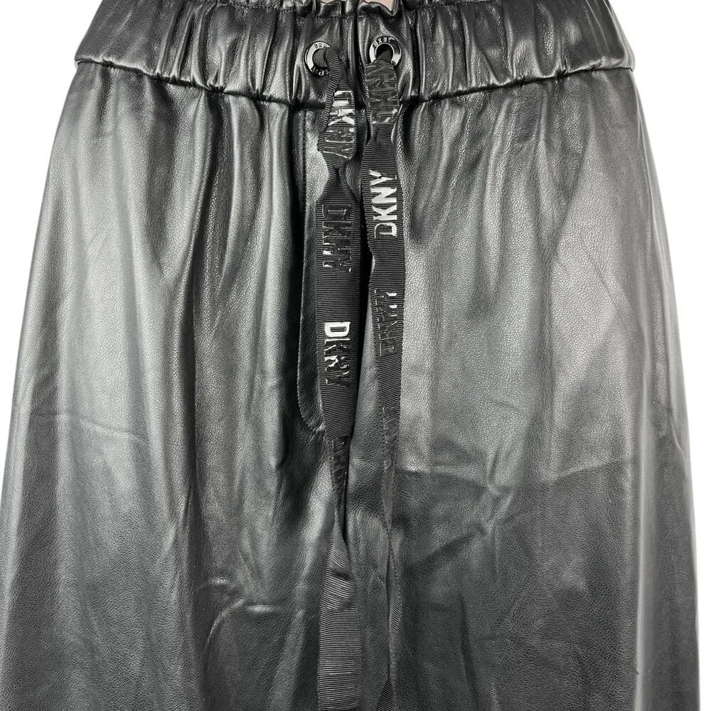 DKNY Women's Black Wide Leg Faux Vegan Leather Pull On Crop Trousers Pants Sz L - Image 4
