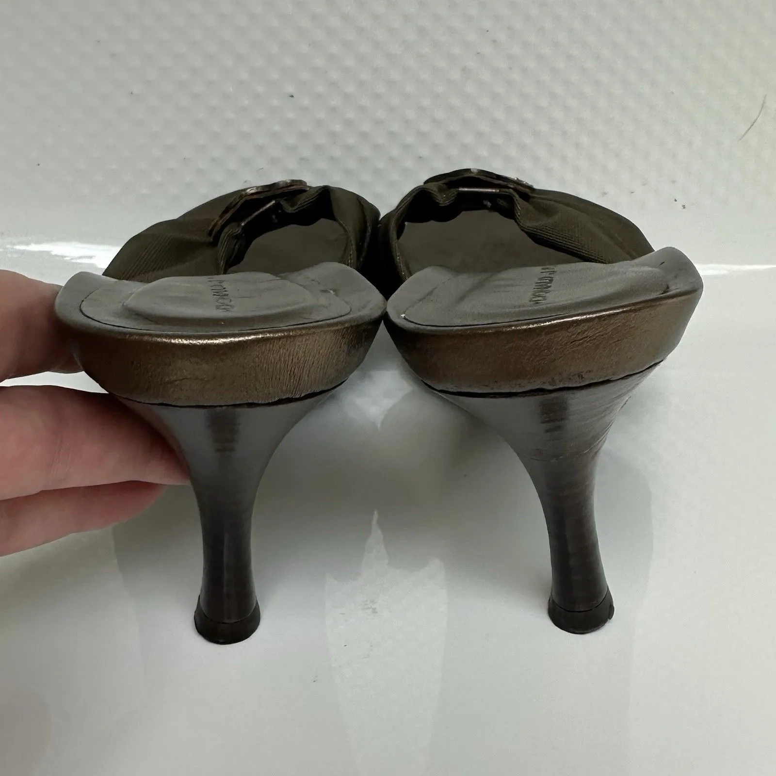 Donald J Pliner Kitten Heel 9 Olive Green Jeweled Metal Accent Slip On - Image 5