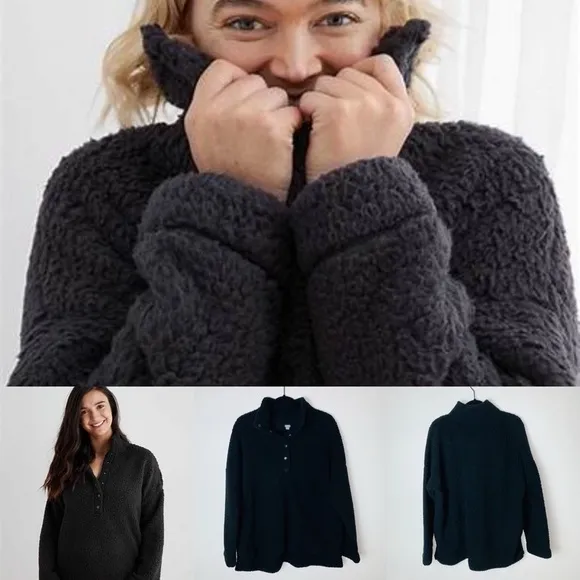 Aerie Cloud Sherpa Oversized Teddy Jacket Black Size Medium - Image 2