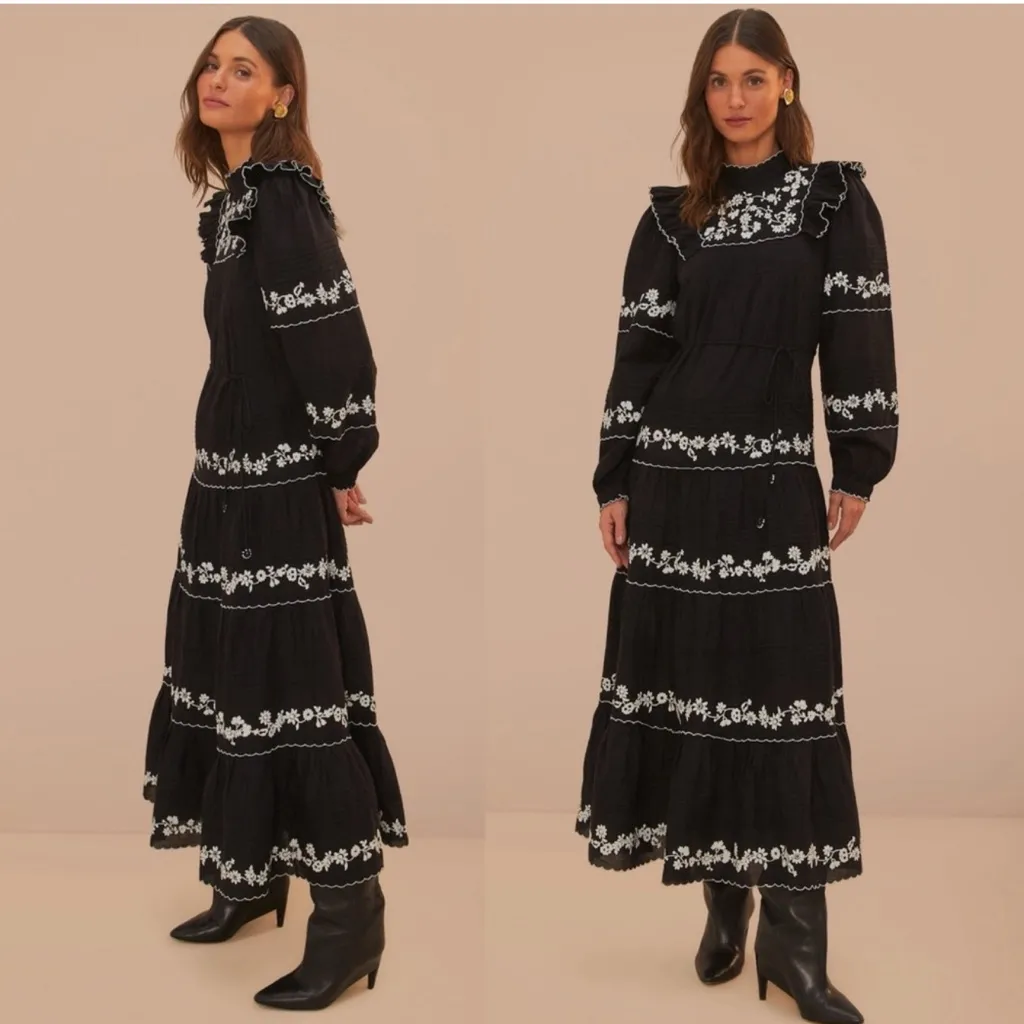 FARM Rio‎ Embroidered Long Sleeve Tiered Maxi Dress Black XS - Image 4