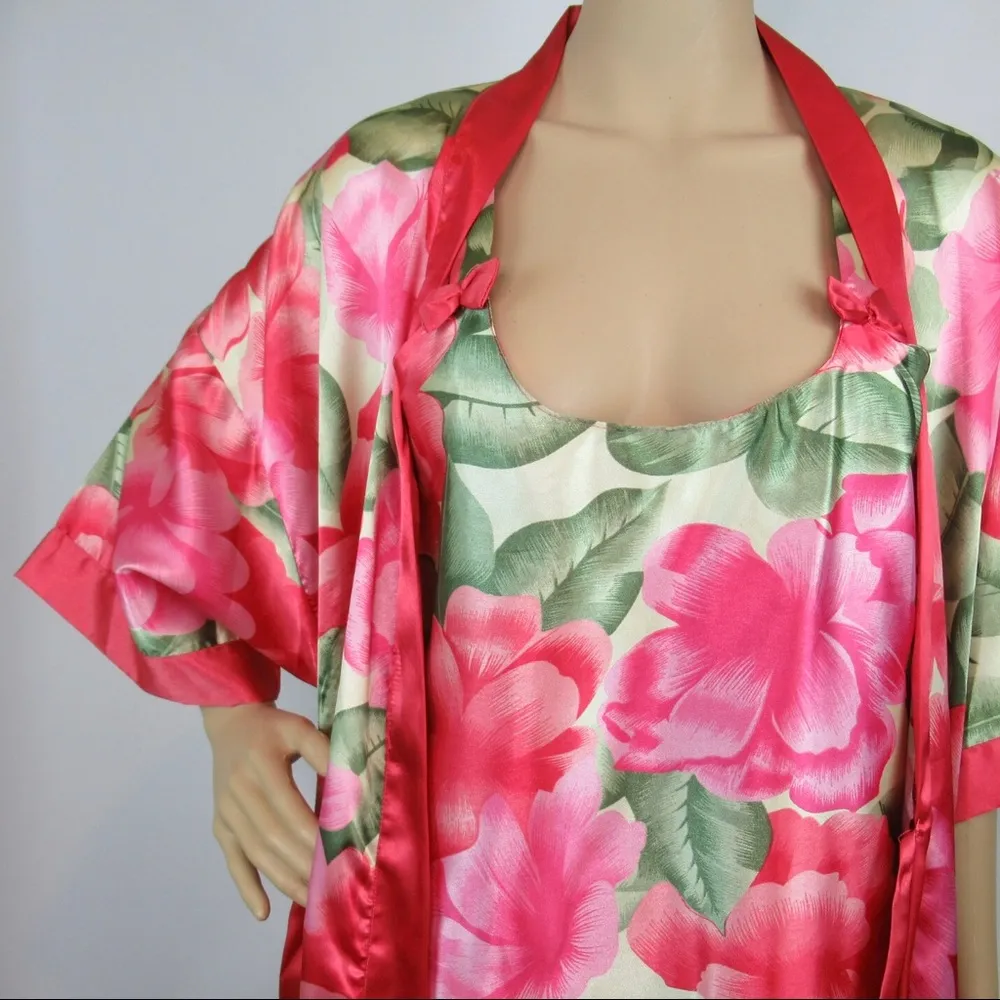 Pink Satin Floral Robe & Chemise Nightgown Set Women’s Small - Image 6