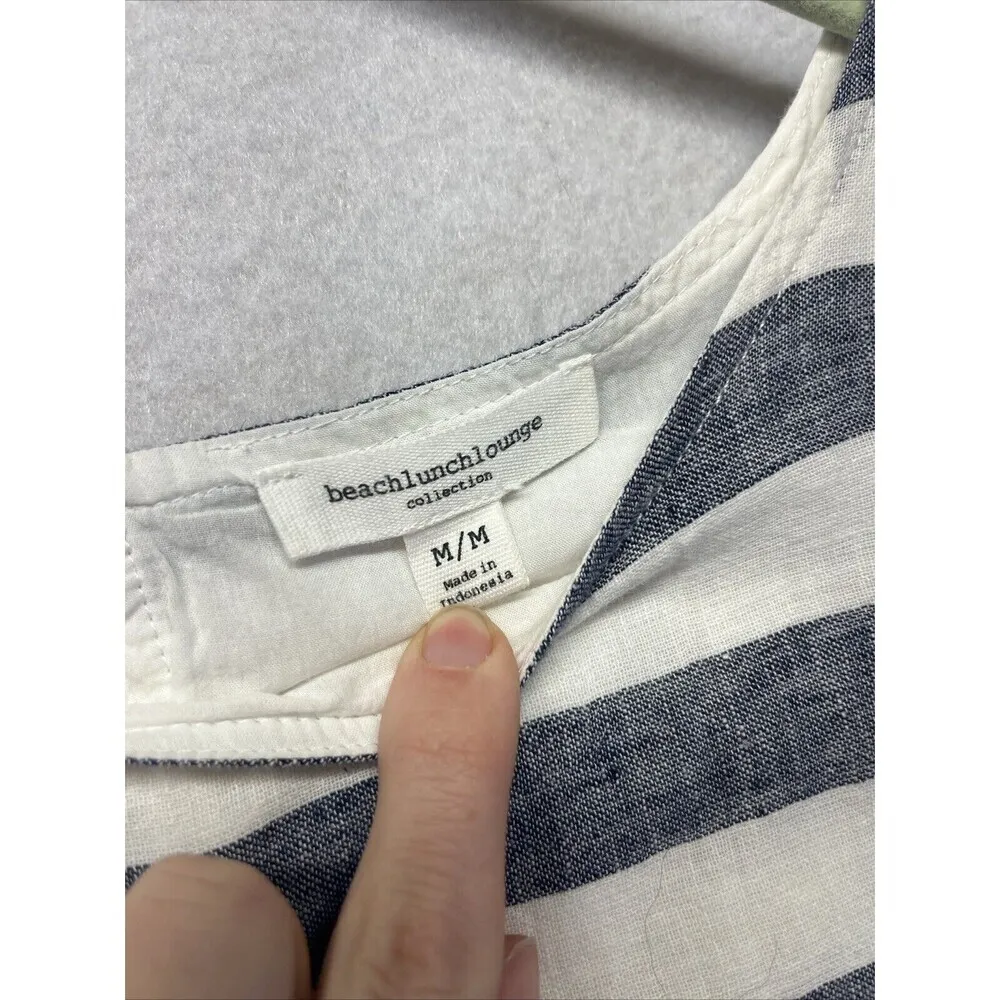 Beach Lunch Lounge Dress M Blue Striped Linen Sleeveless Beach Nautical Preppy - Image 2