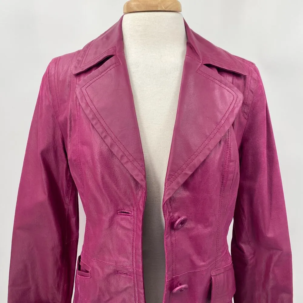 Vintage Leather Jacket Single Breasted Button Down Collared Purple Magenta XS - Image 6