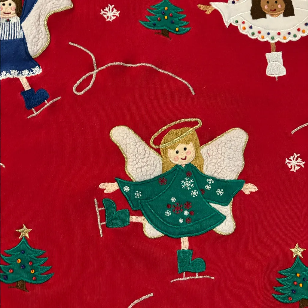 Vtg Bechamel Christmas Mock Neck Cotton Top/Shirt with Angels & Trees Appliqué Green Size 1X - Image 4