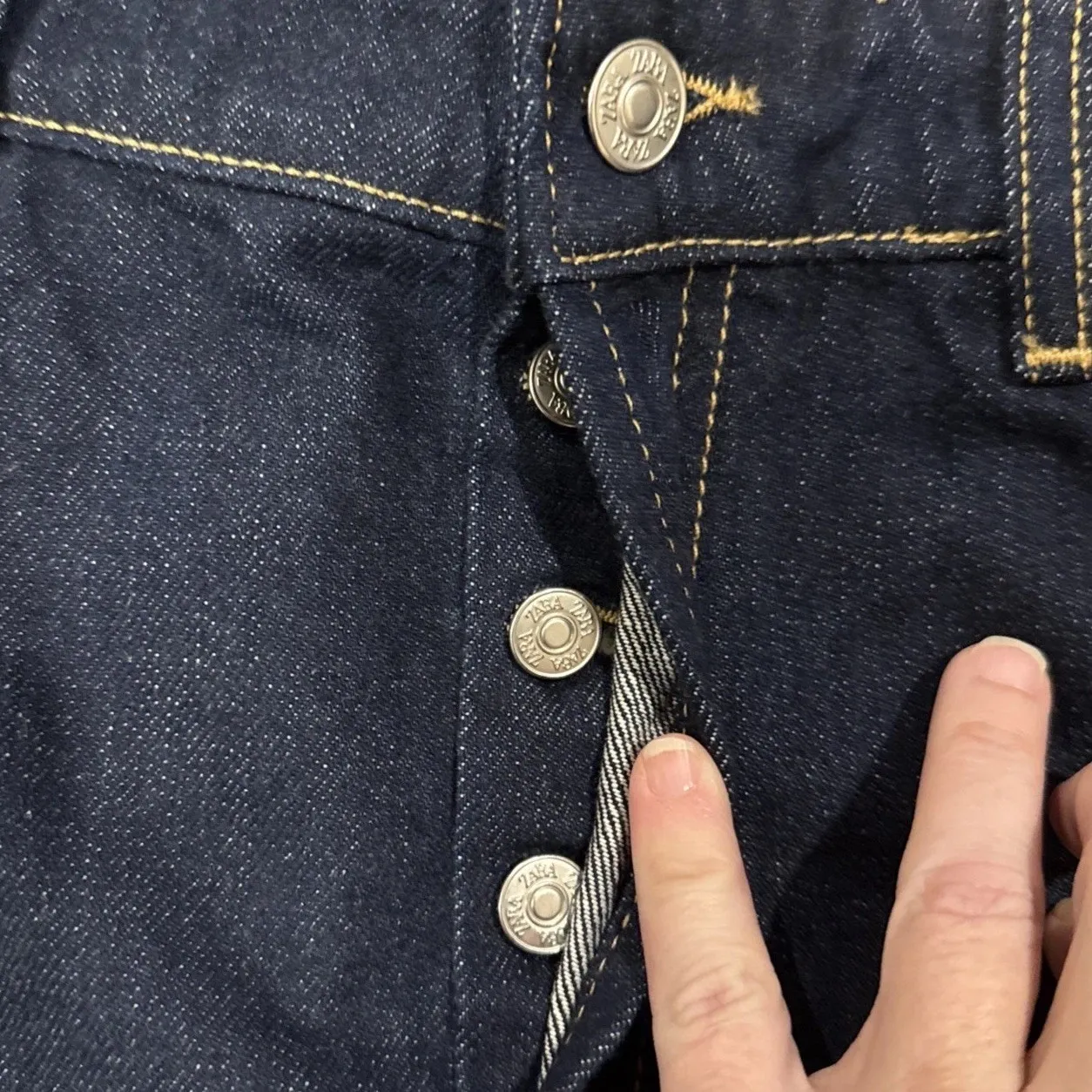 Zara Womens Large Denim Jean Mini Skirt Dark Wash Pockets Button Fly Festival - Image 7