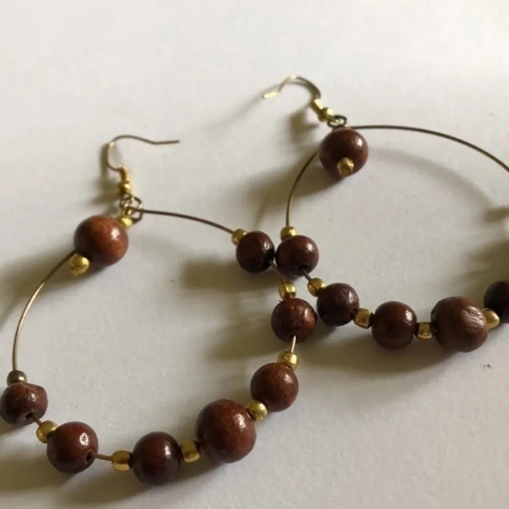 Huge Vintage Wooden Beads Boho Pierced Earrings Brown - Image 2