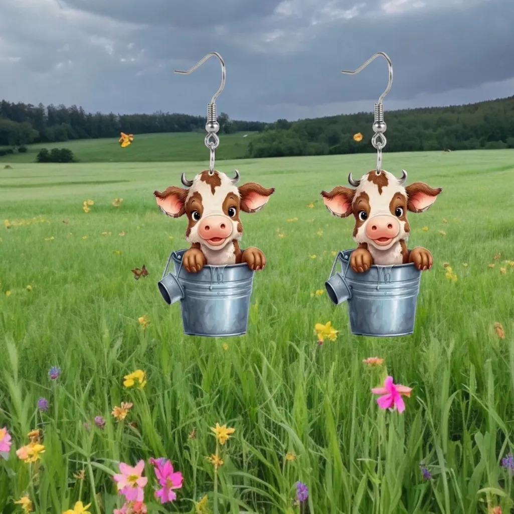 Cute Cow‎ Bucket Design Acrylic Dangle Earrings Cartoon Y2K Style Adorable - Image 3