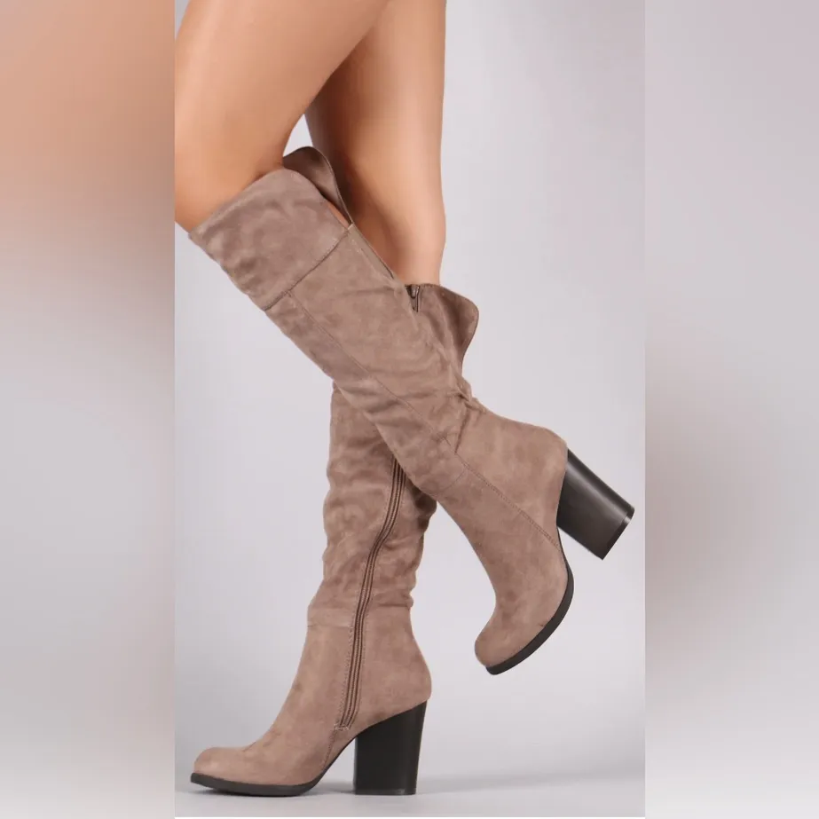 BAMBOO Over the Knee or Below the Knee Taupe Tan Faux Suede Boots. - Image 2