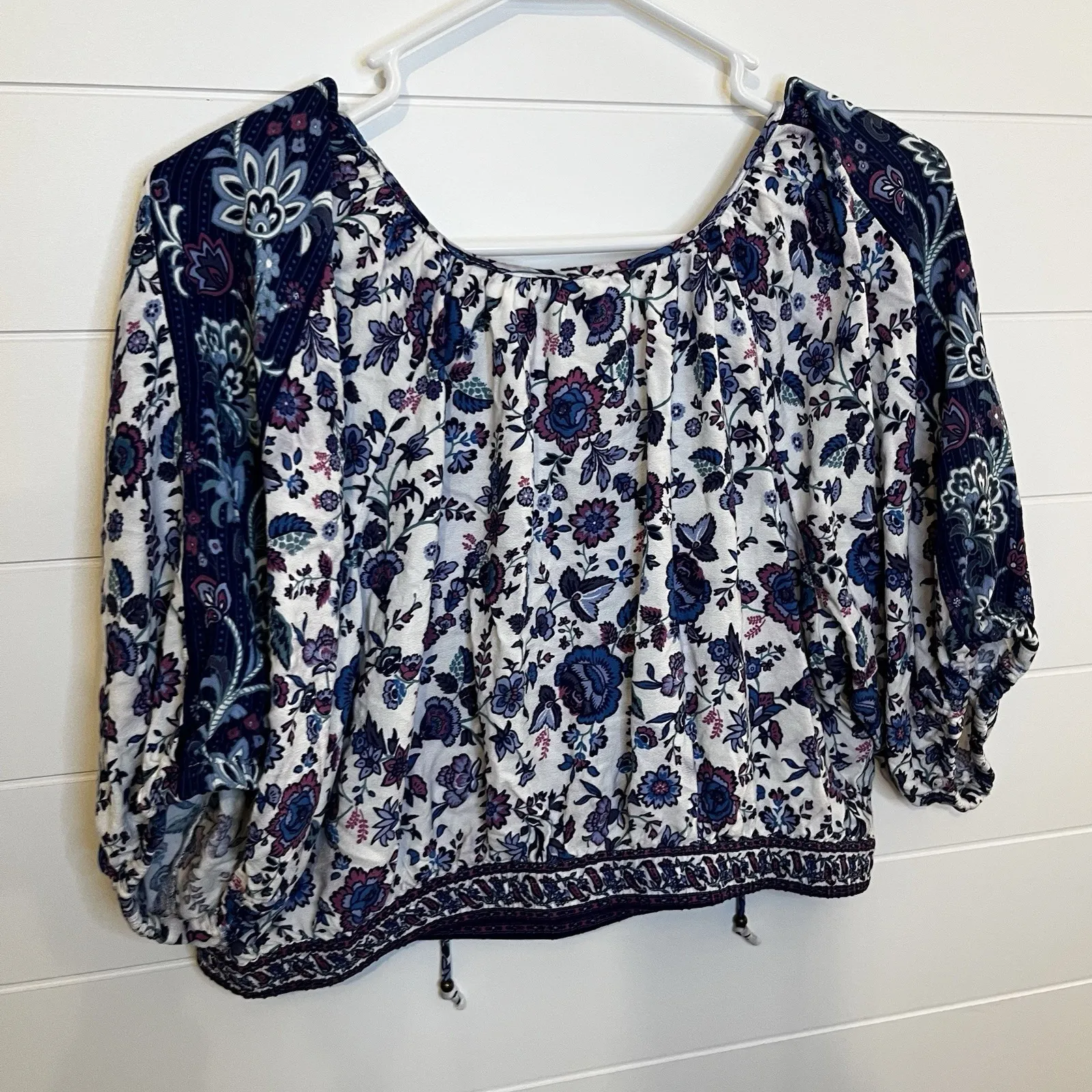 Joie Womens Cropped Blouse 3/4 Sleeve Floral Blue Purple Print Size Large - Image 5
