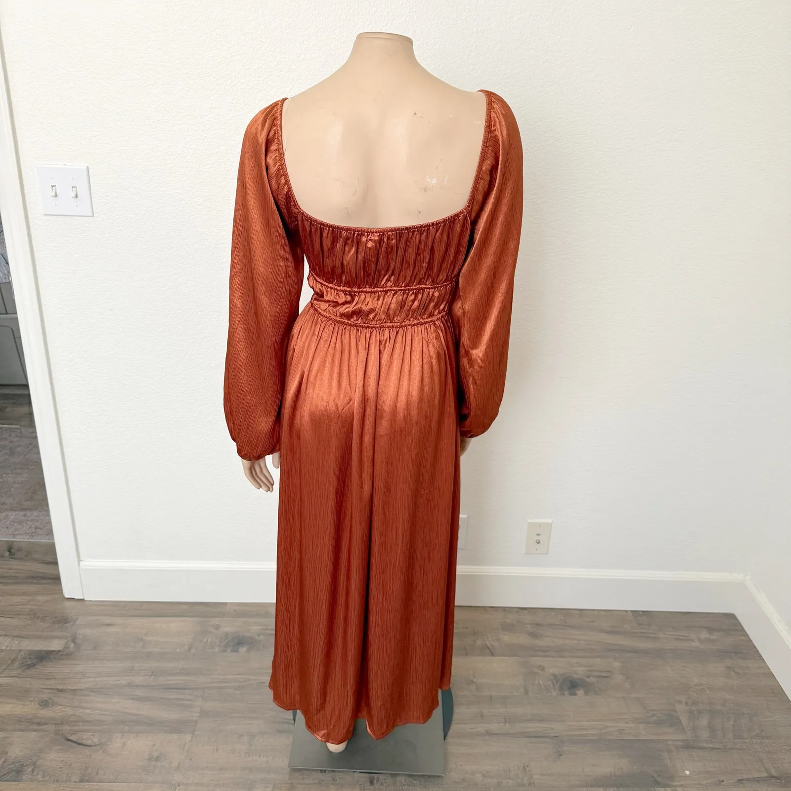 [Lulus] Lush Burnt Orange Juliet Satin Balloon Sleeve Boho Midi Dress NWT Sz XL - Image 5