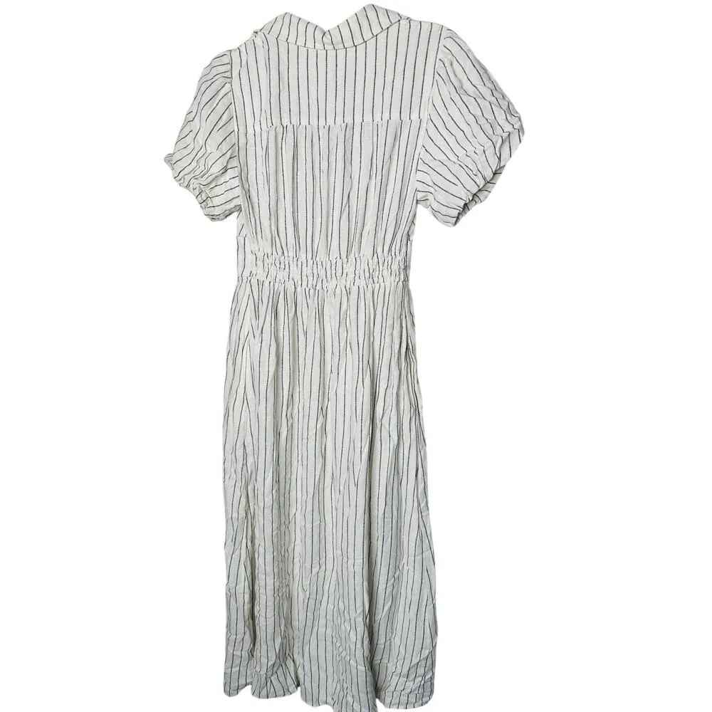 DEREK LAM COLLECTIVE White Stripe Linen Collar Knot Waist Shirt Dress Size 42 - Image 5