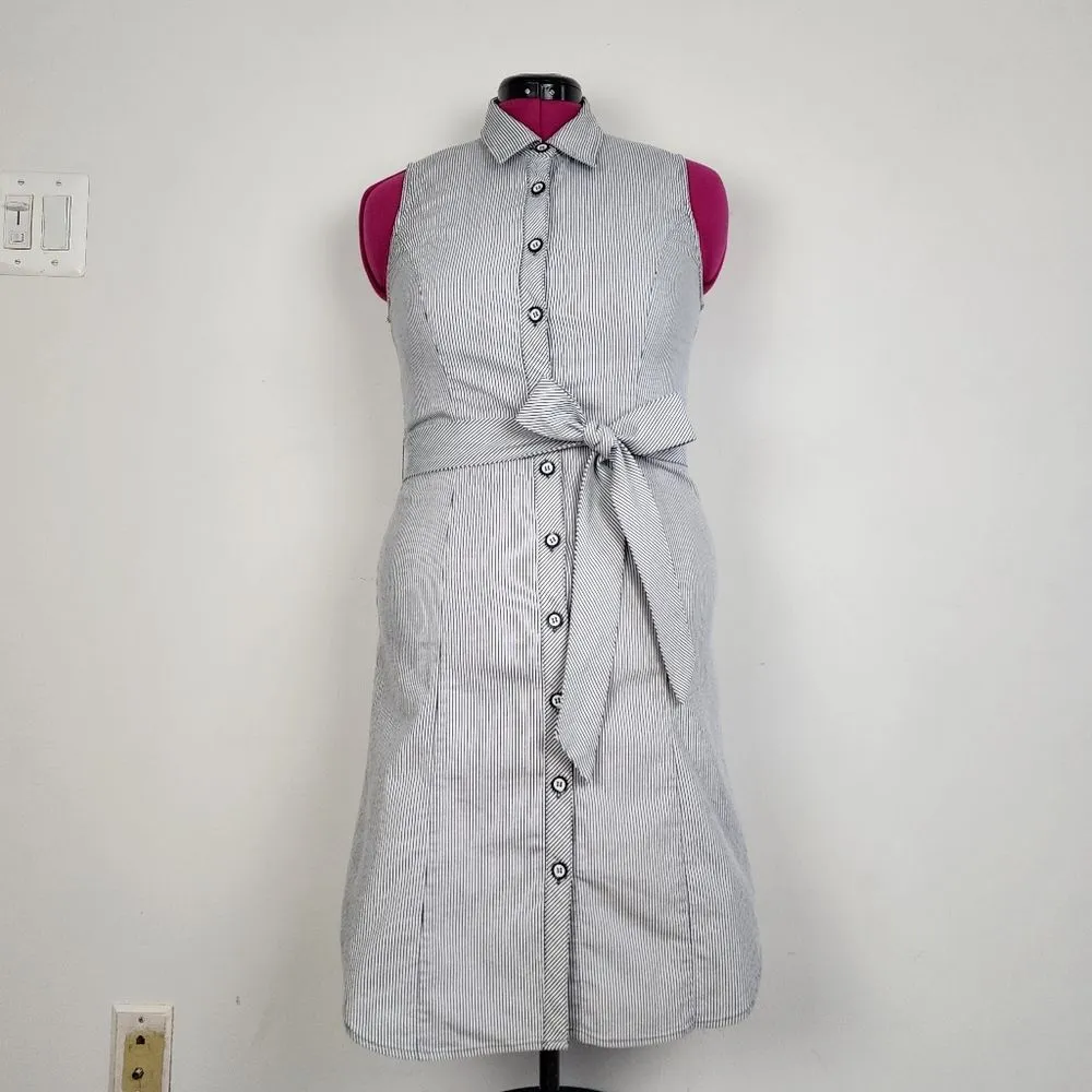 Grace Sleeveless Dress Blue Striped Midi Buttton Front Cotton Blend Tie Waist 6 - Image 12